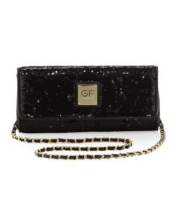 Sequined East West Flap Clutch, Black