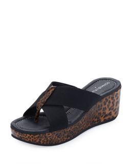 Shina Leopard Cross Sandal Wedge, Black/Brown