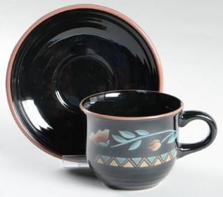 International Tapestry Flat Cup & Saucer Set, Fine China Dinnerware   Brown Flor
