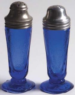 Hazel Atlas Royal Lace Cobalt Blue Footed Shaker Set & Metal Lids   Cobalt Blue,