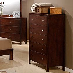 Sonata Cherry Finish 5 drawer Chest (Custom select hardwood, veneers and MDFFinish Rich cherry finishDrawers FiveBrushed silver hardwareDrawers feature metal drawer glides with built in stopsDust proofing under bottom drawers for added protectionDimensi