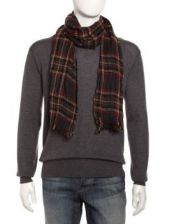 Lightweight Crinkled Wool Plaid Scarf, Camel/Red