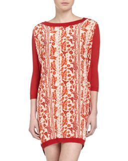 Silk Inlay Three Quarter Ribbed Knit Dress, Red Multi