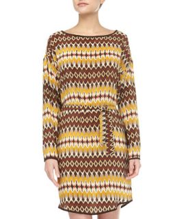 Chevron Print Silk Dress, Brown/Yellow