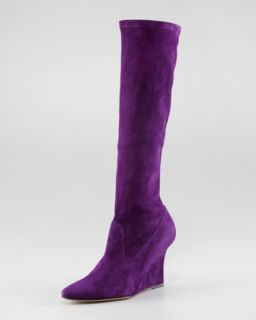 Pascalare Tall Stretch Suede Wedge Boot, Eggplant