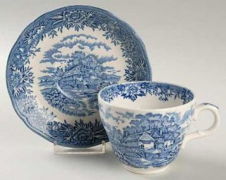 Salem English Village Blue Flat Cup & Saucer Set, Fine China Dinnerware   Blue V