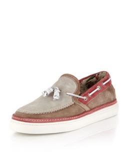 Tesino Suede Boat Shoe, Taupe/Red