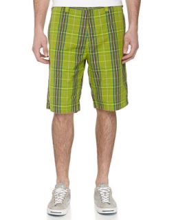 Flat Front Plaid Shorts, Green