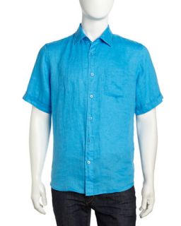 Short Sleeve Linen Button Down Shirt, Medium Blue
