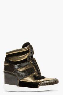 Marc By Marc Jacobs Black And Gold Distressed Leather Cute Kicks Wedge Sneakers