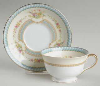 Noritake Lynrose Footed Cup & Saucer Set, Fine China Dinnerware   Blue Band, Flo