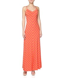 Chevron Striped A Line Maxi Dress, Coral Pink