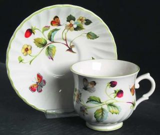 James Kent (England) Strawberry (Green Trim/Butterflies) Footed Cup & Saucer Set