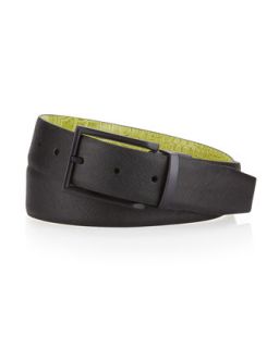 Embossed Solid Reversible Leather Belt, Green/Black