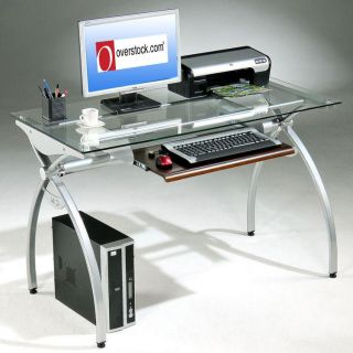 Tempered Glass top Steel Frame Computer Desk (Glass panel, steel frameFinish PowdercoatedOne fixed shelfKeyboard trayCare instructions Wipe clean with a damp clothDimensions 44 inches wide x 30 inches high x 24 inches deep Assembly required)