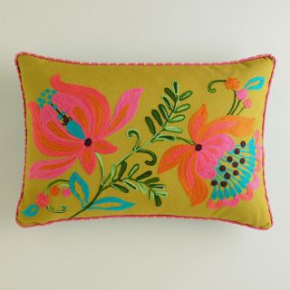 Flowers and Leaves Embroidered Lumbar Pillow   World Market