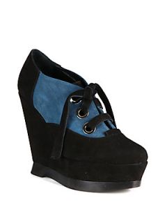 Suede Lace Up Wedge Ankle Boots   Black Denim