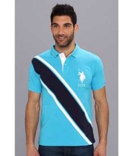 U.S. Polo Assn Slim Fit Diagonal Stripe Polo with Big Pony Mens Short Sleeve Pullover (Blue)