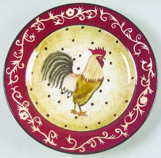 Sakura Farmhouse Rooster Salad Plate, Fine China Dinnerware   Red Rim,Tan Scroll