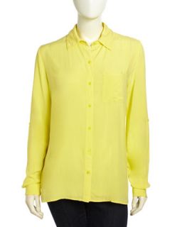 Long Sleeve Sandwashed Button Down Blouse, Yellow