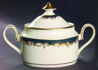 Minton Grosvenor Sugar Bowl & Lid, Fine China Dinnerware   Green Band W/ Gold  F
