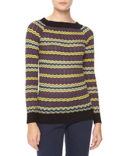 Long Sleeve Zigzag Knit Sweater, Green