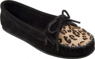Womens Minnetonka Leopard Kilty Moc   Black Suede Casual Shoes