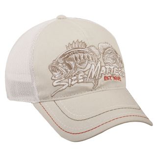 Size Matters Fishing White Mesh Back Adjustable Hat (100 percent cottonOne size fits mostLow profile unstructured cap with pre curved visorFlat stitch embroidery on frontVelcro closure)