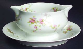 Haviland Pink Spray Gravy Boat with Attached Underplate, Fine China Dinnerware  