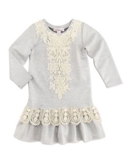 Crochet Trim Sweatshirt Dress, Gray, 4 6X