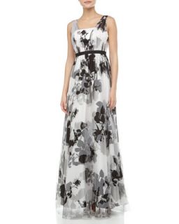 Floral Printed Chiffon Overlay Gown, Black/Ivory