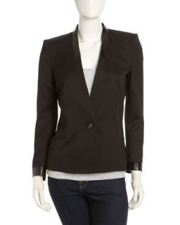 Fitted Leather Trim Suit Jacket, Black
