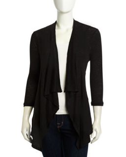 Ruched Linen Open Front Cardigan, Black
