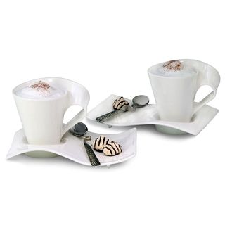 Villeroy and Boch New Wave Caffe Mugs And Spoons Set (White Service for Two (2)Number of pieces Six (6)Cup dimensions 11.75 ounce capacityTray dimensions 8.5 inch trays  Spoon length 6.75 inchesCare instructions Dishwasher and microwave safe )