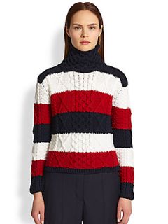 Thom Browne Aran Wool Tri Stripe Turtleneck Sweater   Rugby Stripe