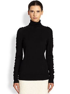 MILLY Merino Wool Shirred Cuff Sweater   Black