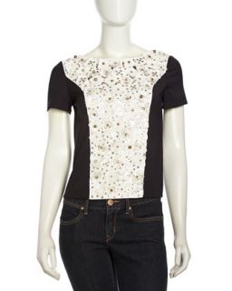 Flower Embroidered Stretch Knit Top, Black/White