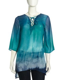 Chiffon Lace Up Handkerchief Tunic, Turquoise