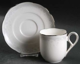 Noritake Victorian Lace Flat Cup & Saucer Set, Fine China Dinnerware   White/Gra