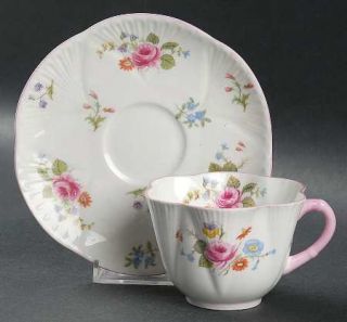 Shelley Rose & Red Daisy (Dainty) Flat Cup & Saucer Set, Fine China Dinnerware  