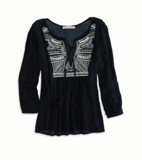 Black AE Embroidered Peasant Top, Womens XXS