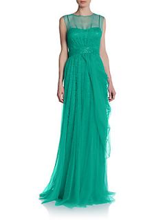 Draped Tulle Overlay Lace Gown   Aqua Green