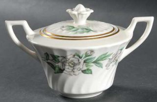 Syracuse Gardenia Sugar Bowl & Lid, Fine China Dinnerware   White Flowers, Green